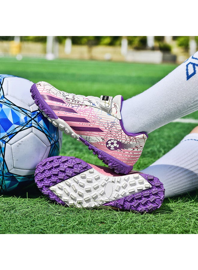 Double Star Eight Double Star Bate Kids Soccer Shoes Studded Cleats Boys Girls Primary School Professional Match Velcro Tf Training Shoes White Pink Purple Size 38 - Image 1