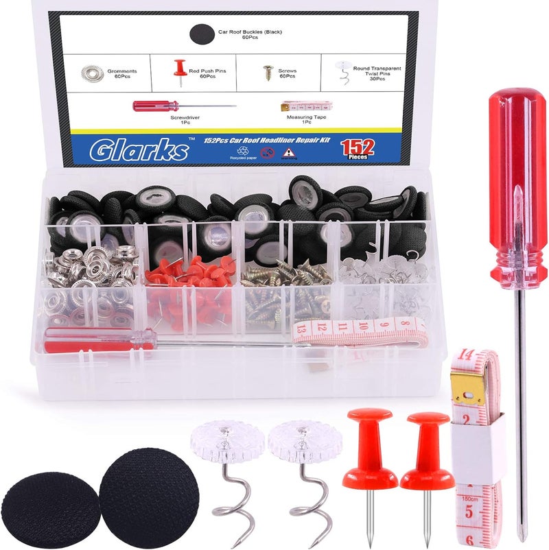 Glarks 272Pcs Car Roof Headliner Repair Kit, 60Pcs Black Car Roof Repair Rivets Headliner Repair Button, Red Push Pins, Headliner Retaining Pins for Major Brands of Cars (Black, 152Sets) - Image 1