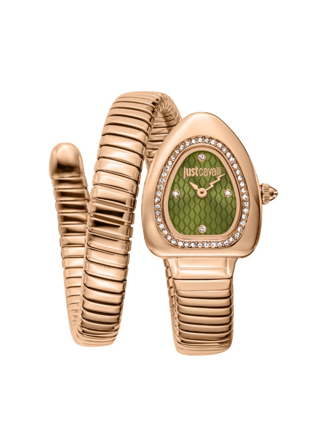 Just Cavalli ساعة كواتز نسائية من جاست كافالي بتصميم ثعبان بقرص زيتوني أخضر - JC1L249M0045 - Image 1