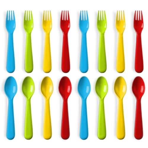Plaskidy 16 Pc Plastic Toddler Utensils Set - 8 Kids Forks & 8 Kids Spoons, BPA Free/Dishwasher Safe, Brightly Colored Silverware, Great for Toddlers - Image 1