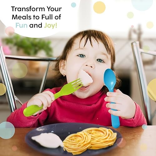 Plaskidy 16 Pc Plastic Toddler Utensils Set - 8 Kids Forks & 8 Kids Spoons, BPA Free/Dishwasher Safe, Brightly Colored Silverware, Great for Toddlers - Image 4