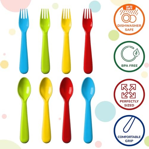 Plaskidy 16 Pc Plastic Toddler Utensils Set - 8 Kids Forks & 8 Kids Spoons, BPA Free/Dishwasher Safe, Brightly Colored Silverware, Great for Toddlers - Image 2