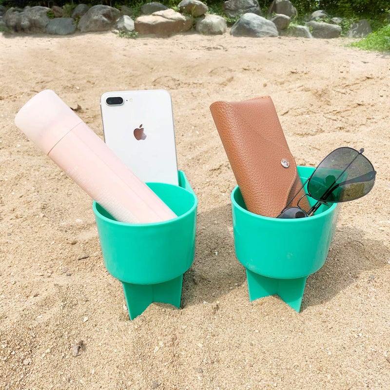 Home Queen Beach Cup Holder with Pocket MultiFunctional Sand Cup Holder for Beverage Phone Sunglasses Key Beach Accessory Drink Sand Coaster 2Pack Teal