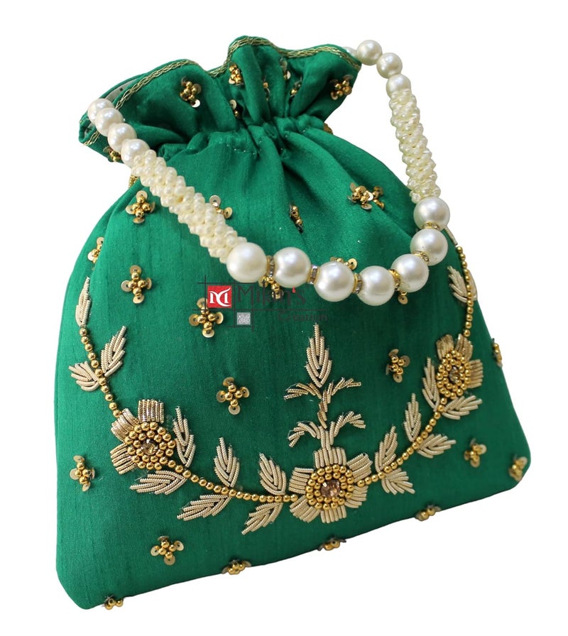MILAN'S CREATION : Pearl & Zardosi Potli Bag Hand Embroidery Drawstring Potli Women's Handbag Purse With Pearl Handle & Tassel Purse - Image 3