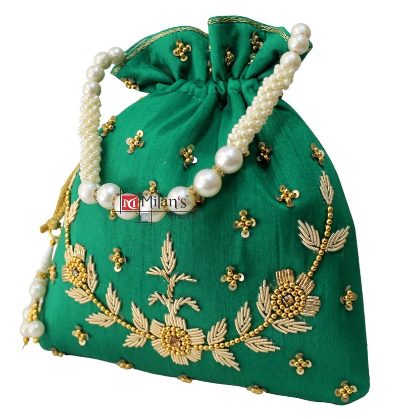 MILAN'S CREATION : Pearl & Zardosi Potli Bag Hand Embroidery Drawstring Potli Women's Handbag Purse With Pearl Handle & Tassel Purse - Image 2