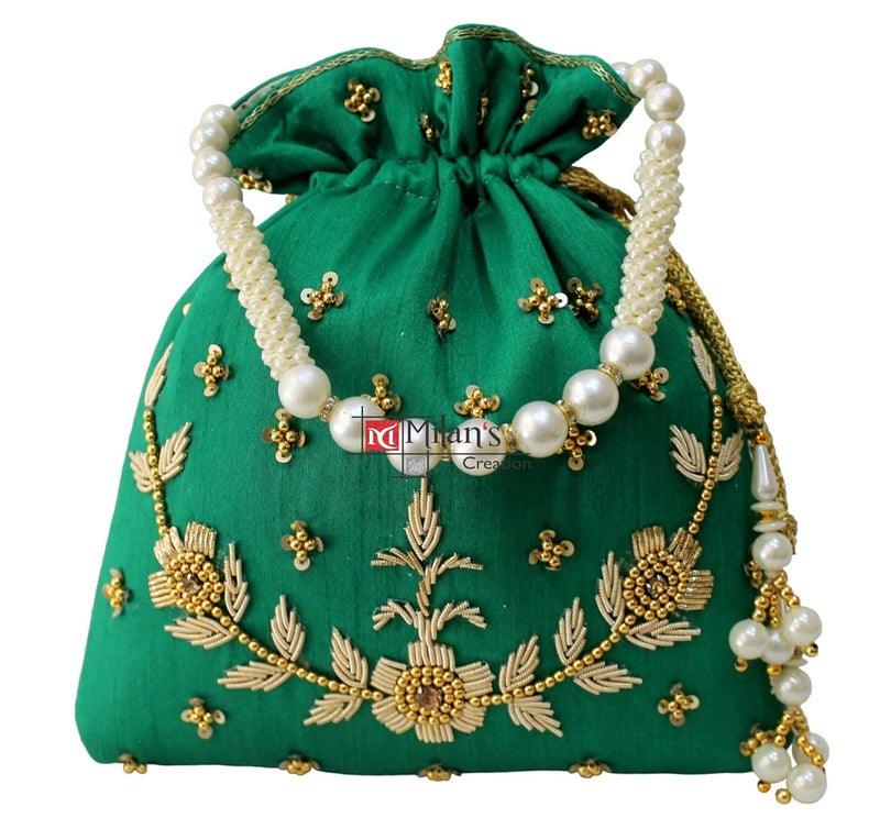 MILAN'S CREATION : Pearl & Zardosi Potli Bag Hand Embroidery Drawstring Potli Women's Handbag Purse With Pearl Handle & Tassel Purse - Image 1
