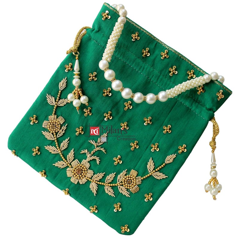 MILAN'S CREATION : Pearl & Zardosi Potli Bag Hand Embroidery Drawstring Potli Women's Handbag Purse With Pearl Handle & Tassel Purse - Image 4