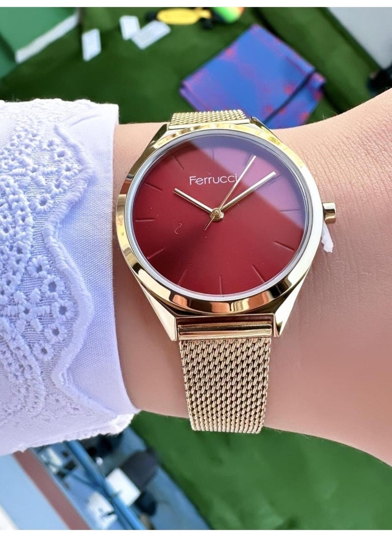 Ferrucci Women's Rose Red Mesh Strap Thin Frame Stylish Quartz Wristwatch - Metal Case, Round Dial  - Image 2
