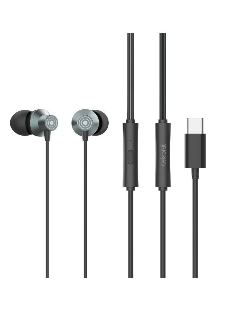 Celebrat D15 Wired Stereo Sound Earphones With Microphone And Controller Button Pure And Lossless Audio Quality And Clarity In Calls Fits Various Smart Devices Type C Jack 1.2 Meter Length - Black