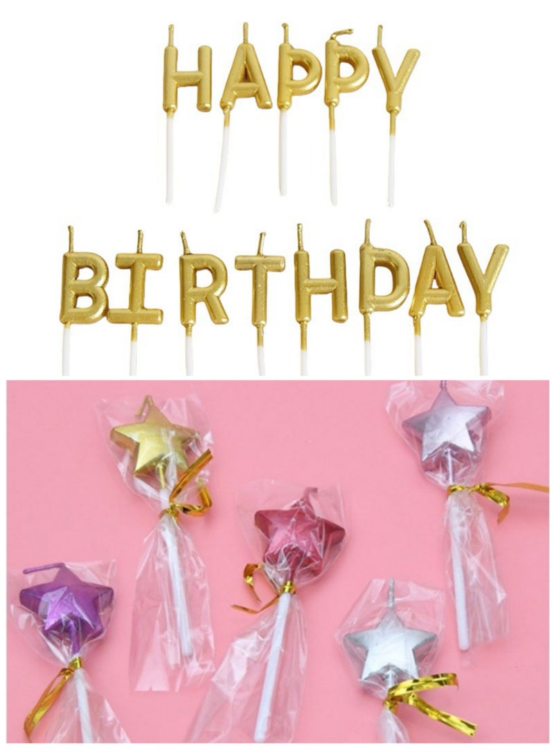 Gold Letter "Happy Birthday" Cake Candles with Star-Shaped Candles – Elegant Candle Set for Birthday Celebrations 