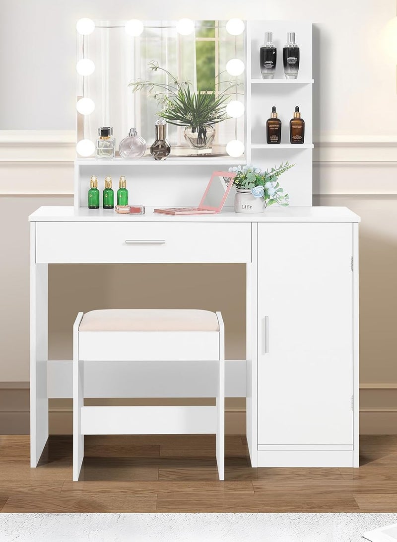 Sharpdo Bedroom Makeup Dressing Table with 1 Drawer Drawer Dresser ,Vanity Table 1 Cabinet and 2 Separate Storage Shelves, 3 Lighting Modes and Adjustable Brightness 90*40*137CM (Does Not Include Dressing Stool) - Image 2