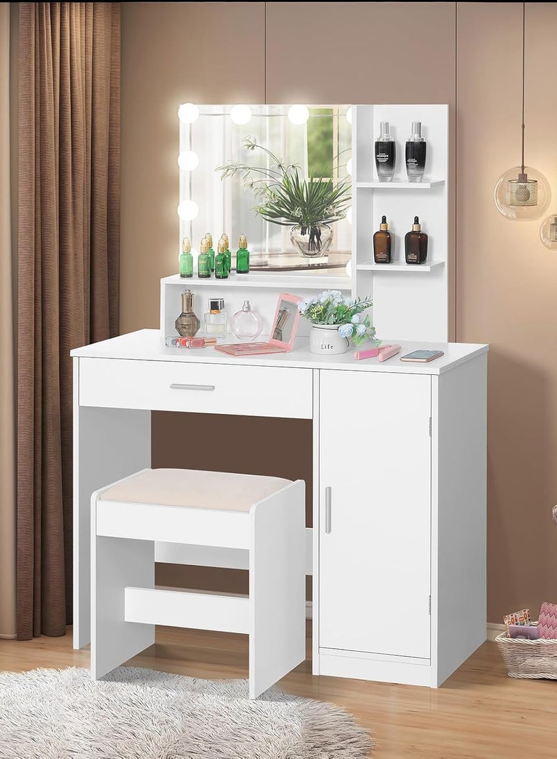 Sharpdo Bedroom Makeup Dressing Table with 1 Drawer Drawer Dresser ,Vanity Table 1 Cabinet and 2 Separate Storage Shelves, 3 Lighting Modes and Adjustable Brightness 90*40*137CM (Does Not Include Dressing Stool) - Image 3