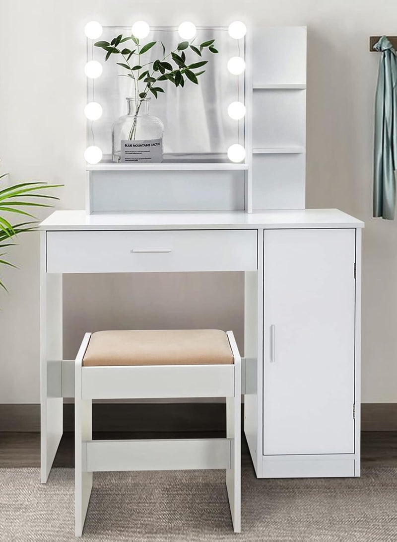 Sharpdo Bedroom Makeup Dressing Table with 1 Drawer Drawer Dresser ,Vanity Table 1 Cabinet and 2 Separate Storage Shelves, 3 Lighting Modes and Adjustable Brightness 90*40*137CM (Does Not Include Dressing Stool) - Image 4