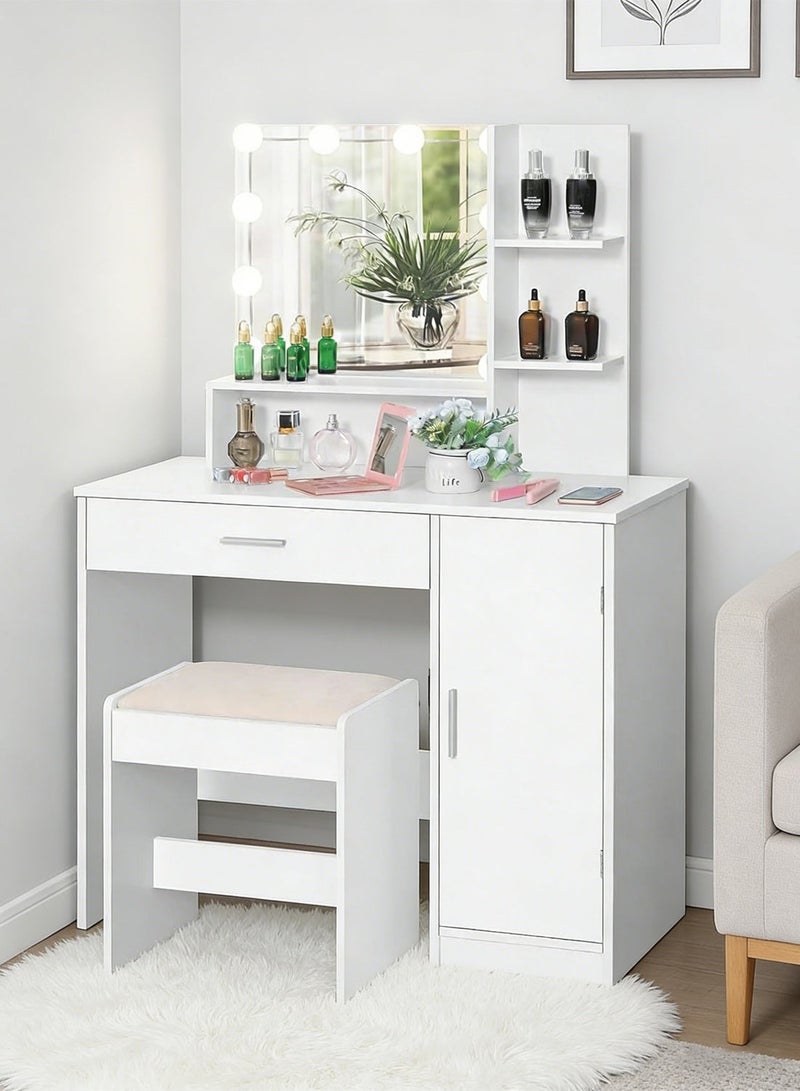 Sharpdo Bedroom Makeup Dressing Table with 1 Drawer Drawer Dresser ,Vanity Table 1 Cabinet and 2 Separate Storage Shelves, 3 Lighting Modes and Adjustable Brightness 90*40*137CM (Does Not Include Dressing Stool) - Image 1