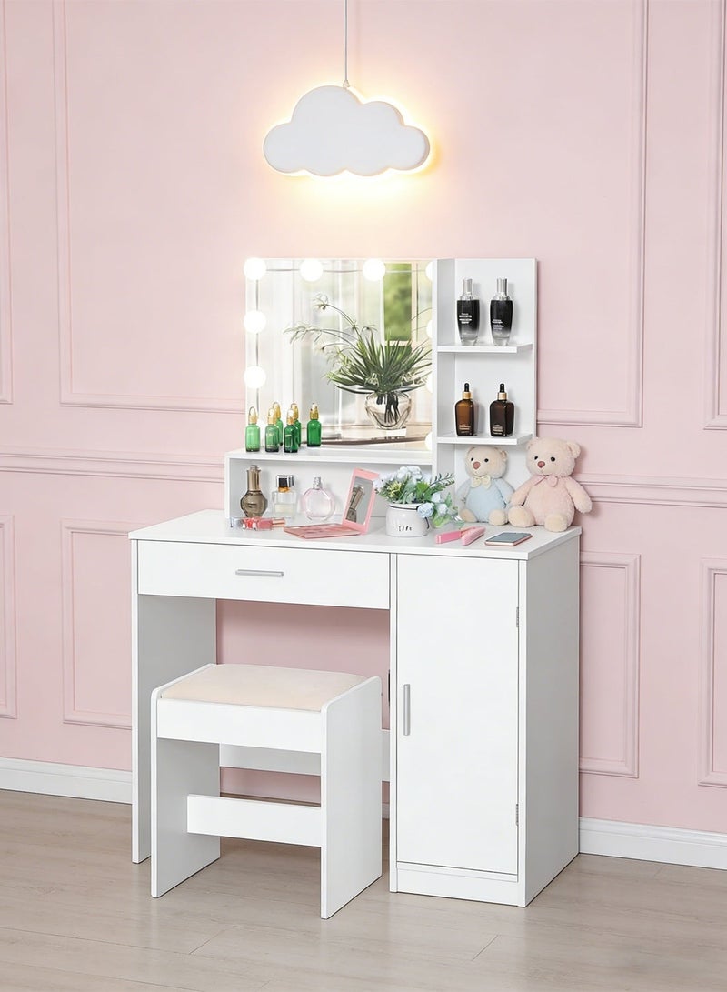 Sharpdo Bedroom Makeup Dressing Table with 1 Drawer Drawer Dresser ,Vanity Table 1 Cabinet and 2 Separate Storage Shelves, 3 Lighting Modes and Adjustable Brightness 90*40*137CM (Does Not Include Dressing Stool) - Image 5