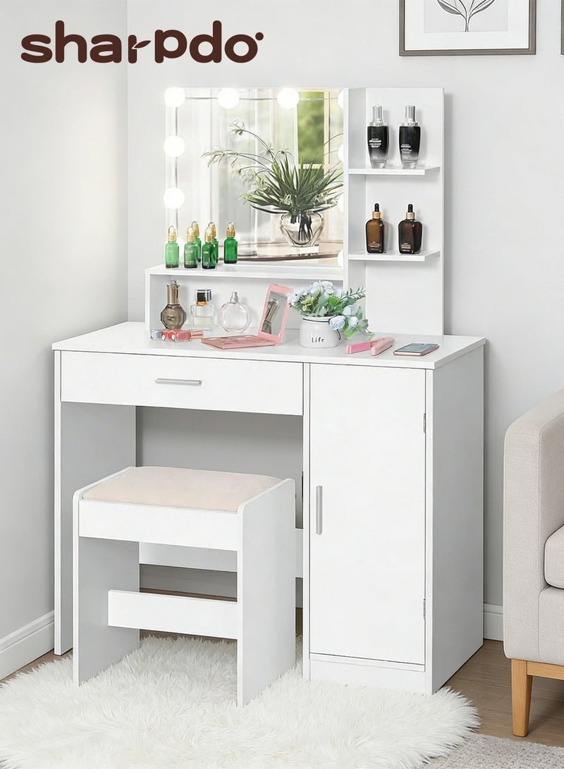 شاربدو طاولة مكياج غرفة النوم مع درج واحد وخزانة ذات درج وطاولة زينة وخزانة واحدة ورفين منفصلين للتخزين و3 أوضاع إضاءة ودرجة سطوع قابلة للتعديل 90*40*137 سم (لا تتضمن كرسي الزينة) - Image 1