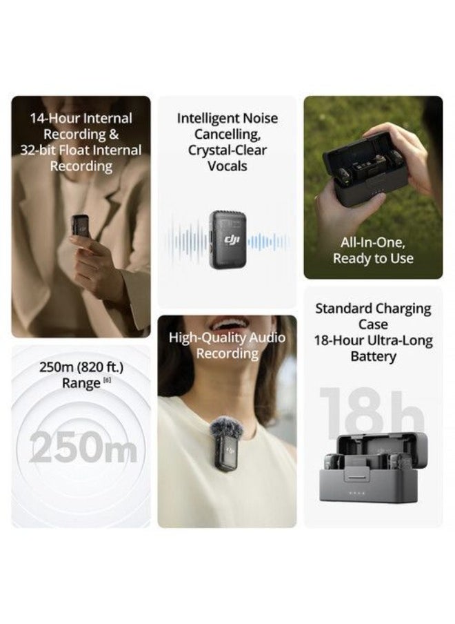 نظام ميكروفون/مسجل رقمي لاسلكي مدمج لشخصين من DJI Mic 2 للكاميرا والهواتف الذكية (2.4 جيجاهرتز)