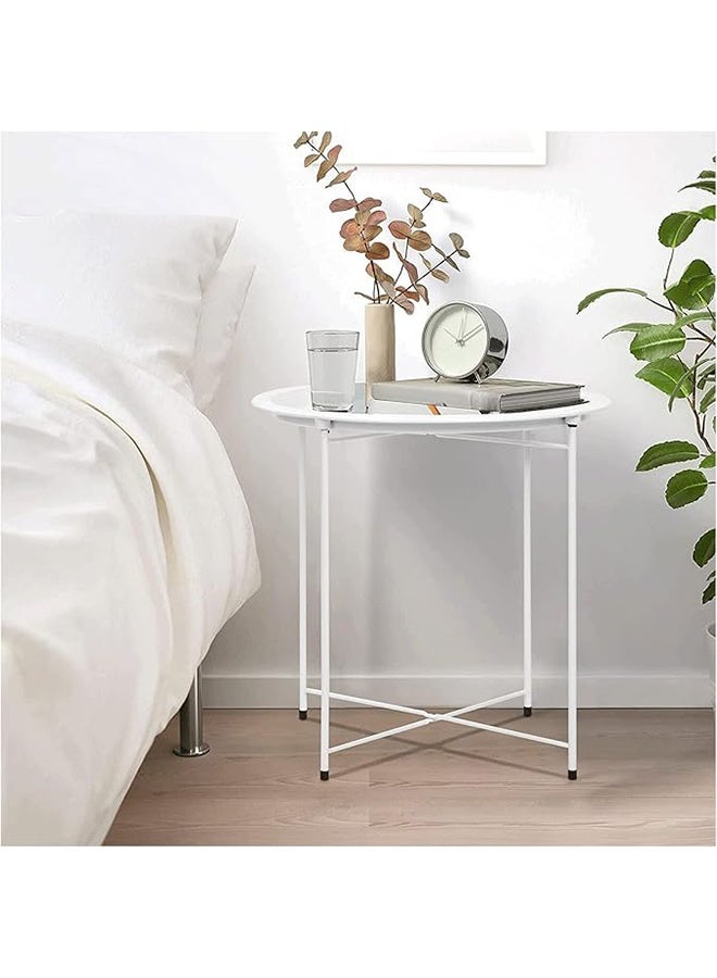 RollsTimi  Round Side End Table, Folding Metal Small Coffee Table with Removable Tray for Living Room Bedroom Balcony and Office, White - Image 1