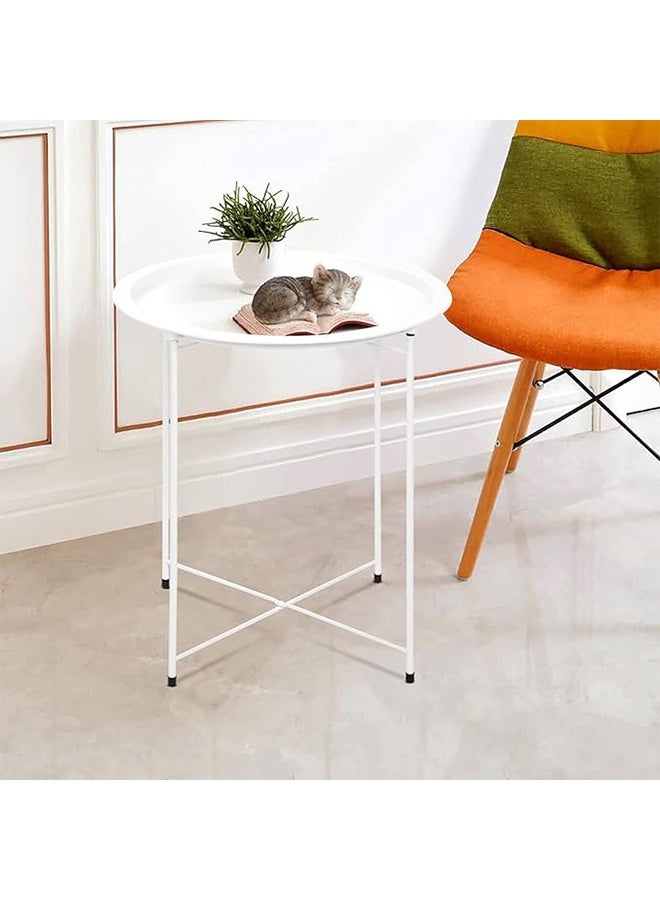 RollsTimi  Round Side End Table, Folding Metal Small Coffee Table with Removable Tray for Living Room Bedroom Balcony and Office, White - Image 2
