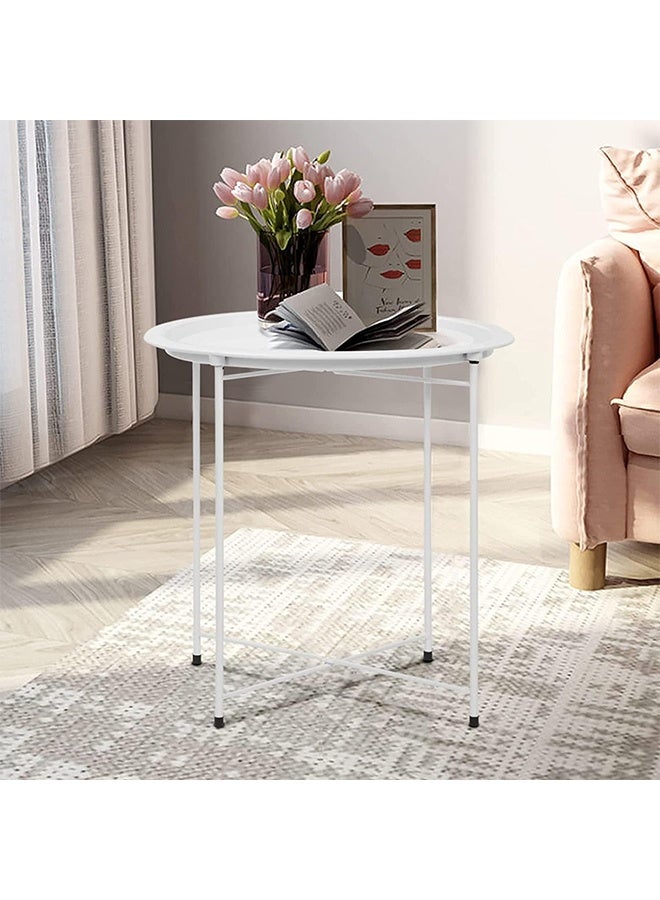 RollsTimi  Round Side End Table, Folding Metal Small Coffee Table with Removable Tray for Living Room Bedroom Balcony and Office, White - Image 3