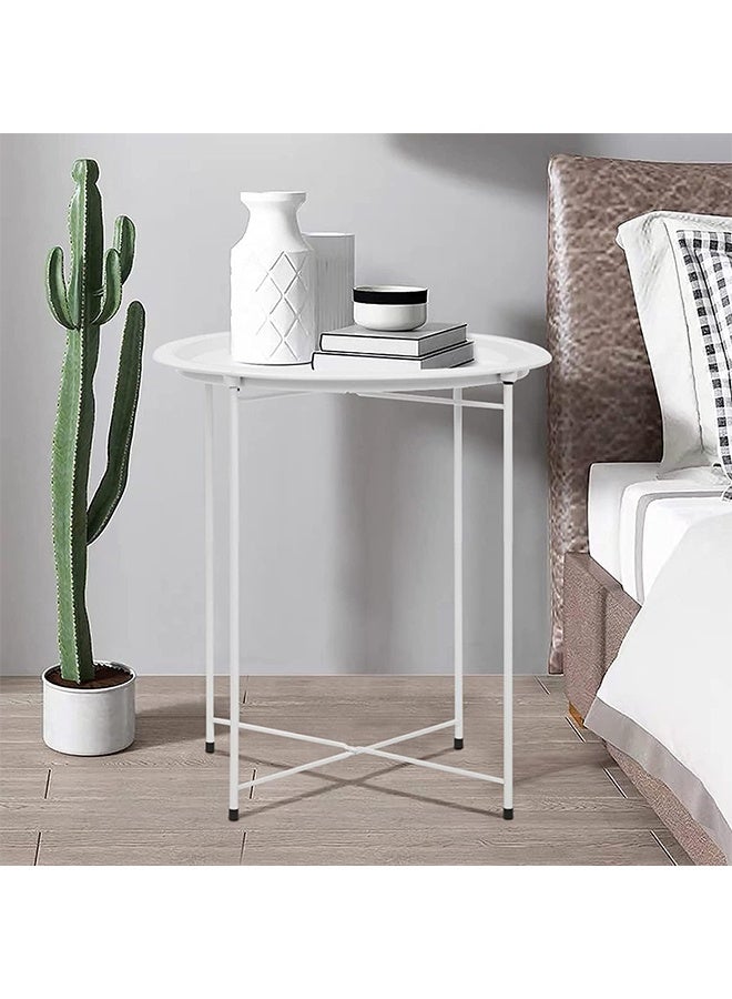 RollsTimi  Round Side End Table, Folding Metal Small Coffee Table with Removable Tray for Living Room Bedroom Balcony and Office, White - Image 5
