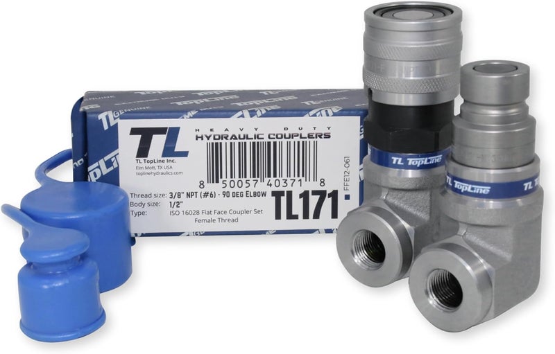 T TOPLINE 1/2" Body with 90 deg. Elbow 3/8" NPT Thread | Flat Face Hydraulic Quick Connect Coupler | Skid Steer Bobcat Attachment | ISO 16028 Heavy-Duty Coupling Sets with Dust Caps | Model TL171 - Image 1