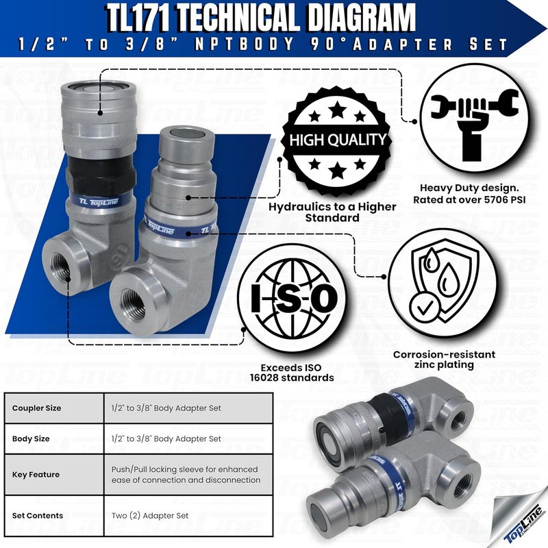 T TOPLINE 1/2" Body with 90 deg. Elbow 3/8" NPT Thread | Flat Face Hydraulic Quick Connect Coupler | Skid Steer Bobcat Attachment | ISO 16028 Heavy-Duty Coupling Sets with Dust Caps | Model TL171 - Image 2
