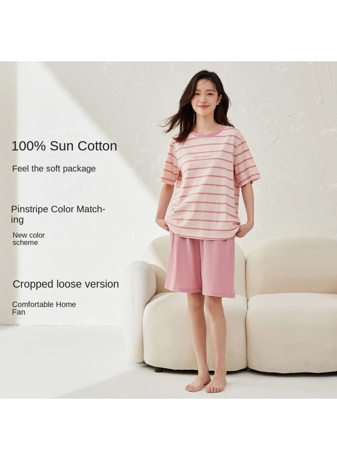Top melon Couple Striped Pajamas 100% Cotton】women's Fresh Striped Pajamas, Summer Pure Cotton, Wearable Outside - Image 3