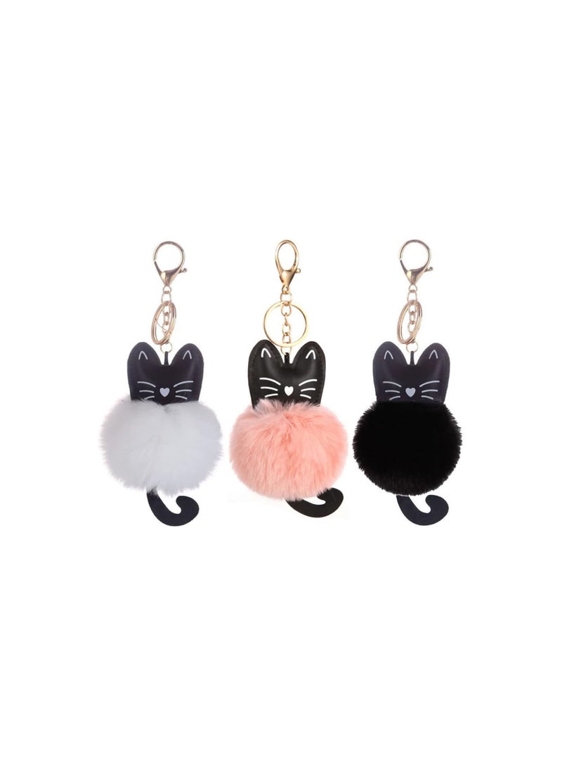 GGOOT 3pcs Keychain Plush Cartoon Cat Faux Fur Ball Pom Pom Key Chain Ring Car Key Holder Handbag Purse Bag Pendant Dolls Ornament Stuffed Animal Toys for Wallet  - Image 1