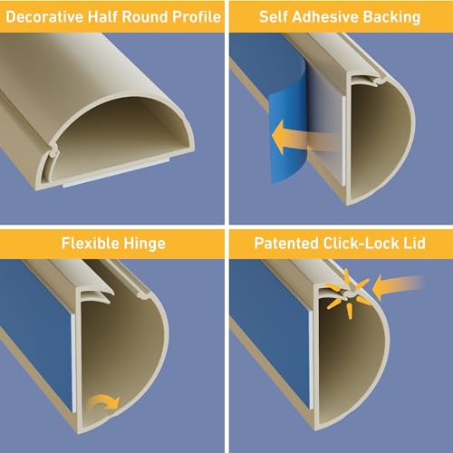 D-Line غطاء كابلات D-Line بطول 31.4 بوصة، غطاء كابل نصف دائري محمي ببراءة اختراع، يخفي أسلاك التلفاز المثبتة على الحائط، غطاء كابل مفصلي قطعة واحدة، لاصق، مسار زخرفي - 2X 1.18 بوصة عرض x 0.59 بوصة ارتفاع x 15.7 بوصة طول - بيج - Image 2