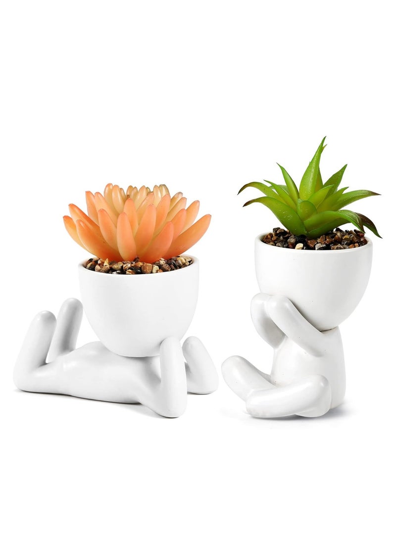 2Pcs Cute Succulents Plants Artificial Plants with Human Shaped Ceramic Pots, Small Faux Desktop Plant for Women, Fake Plants for Shelves, Bathroom and Office Decor，White - Image 1