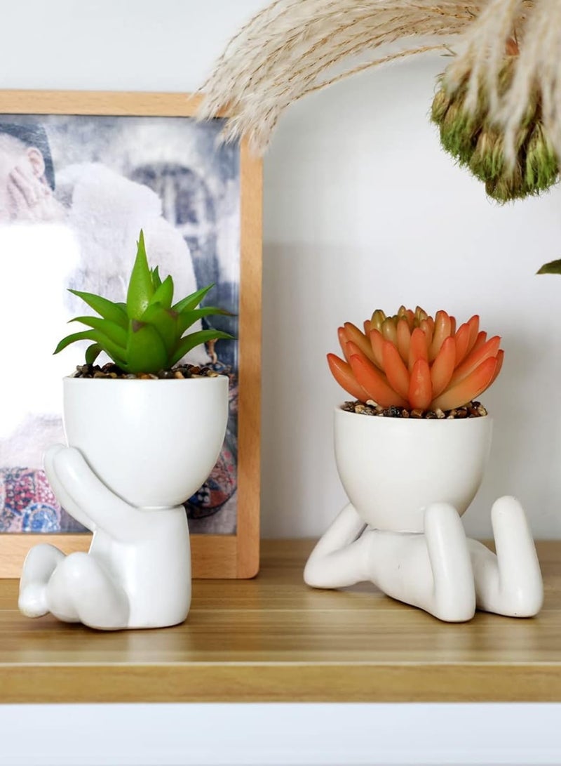 2Pcs Cute Succulents Plants Artificial Plants with Human Shaped Ceramic Pots, Small Faux Desktop Plant for Women, Fake Plants for Shelves, Bathroom and Office Decor，White - Image 3