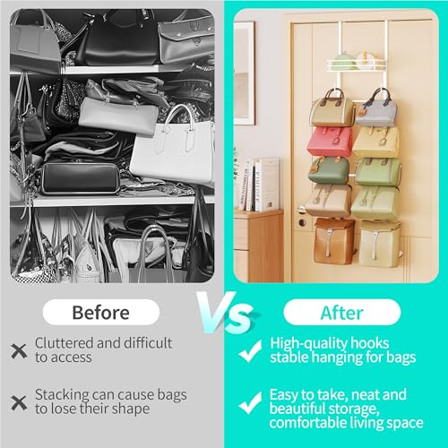 HapiRm Over the Door Purse Organizer - Wall Mounted Purse Rack with 10 Hooks and Metal Basket, Hanging Handbag Organizer Holds up to 10 Bags, Bag Rack Can Use As 1/2 Part, for Door, Closet (White) - Image 4