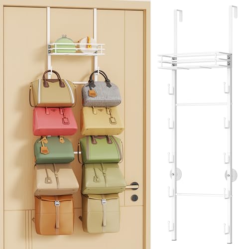 HapiRm Over the Door Purse Organizer - Wall Mounted Purse Rack with 10 Hooks and Metal Basket, Hanging Handbag Organizer Holds up to 10 Bags, Bag Rack Can Use As 1/2 Part, for Door, Closet (White) - Image 1