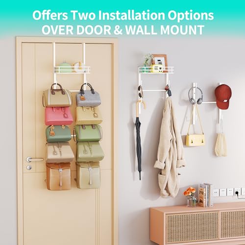 HapiRm Over the Door Purse Organizer - Wall Mounted Purse Rack with 10 Hooks and Metal Basket, Hanging Handbag Organizer Holds up to 10 Bags, Bag Rack Can Use As 1/2 Part, for Door, Closet (White) - Image 5