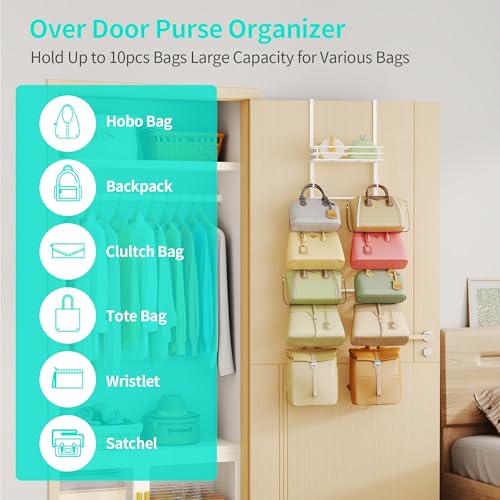 HapiRm Over the Door Purse Organizer - Wall Mounted Purse Rack with 10 Hooks and Metal Basket, Hanging Handbag Organizer Holds up to 10 Bags, Bag Rack Can Use As 1/2 Part, for Door, Closet (White) - Image 2