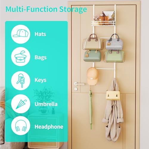 HapiRm Over the Door Purse Organizer - Wall Mounted Purse Rack with 10 Hooks and Metal Basket, Hanging Handbag Organizer Holds up to 10 Bags, Bag Rack Can Use As 1/2 Part, for Door, Closet (White) - Image 3