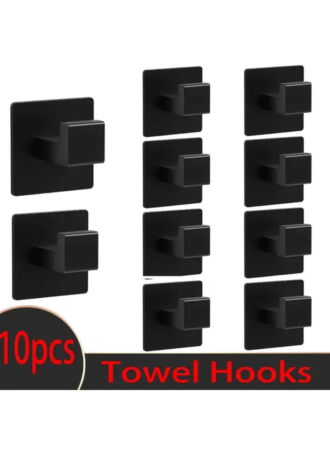10pcs Black Self-Adhesive Towel Hooks Heavy Duty No Drill Wall Hooks - Image 1