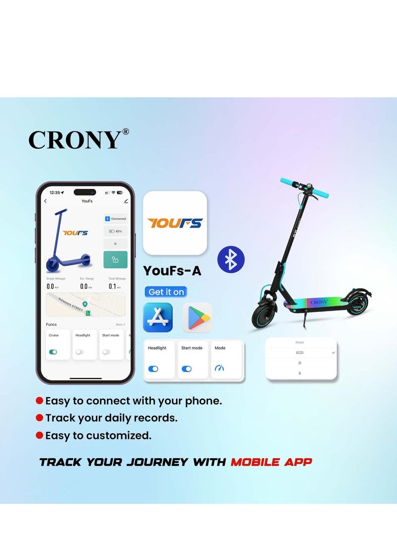 Crony M365 7 Colors E-Scooter 250W Motor, 25-45KM/H Speed, 10-25KM Range, Front Suspension, Durable Honeycomb Tires,Smart App Control,Aluminum Alloy Frame, 120KG Max Load, 36V/7.8AH Battery,Easy Folding, LED Light Base, Commuter Electric Scooter for Adults & Kids, Portable, Lightweight Design, Durable Honeycomb Tires, Bluetooth Connectivity, Ideal for Daily Commute & Leisure Rides, 3-5 Hours Charging Time, Normal/Disc Brakes, IPX4 Waterproof, 7 Colors LED Deck Lights，Blue - Image 5