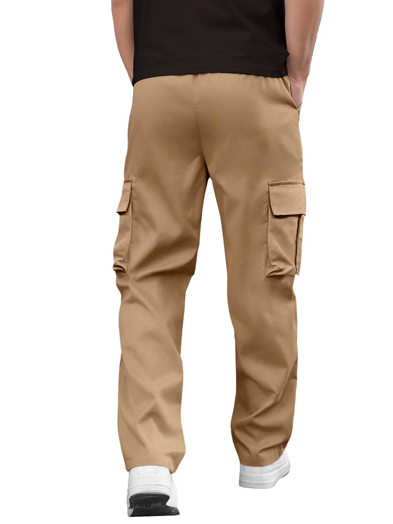 PLEPAN Men's Casual Cargo Pants Drawstring Hiking Pants Workout Tactical Joggers Sweatpants for Men Dark Khaki Medium - Image 3