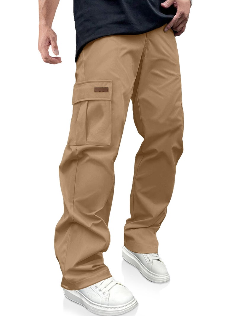 PLEPAN Men's Casual Cargo Pants Drawstring Hiking Pants Workout Tactical Joggers Sweatpants for Men Dark Khaki Medium - Image 1