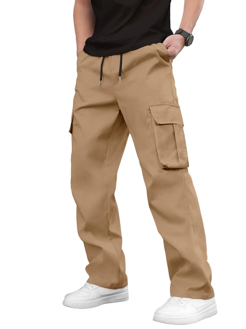 PLEPAN Men's Casual Cargo Pants Drawstring Hiking Pants Workout Tactical Joggers Sweatpants for Men Dark Khaki Medium - Image 2
