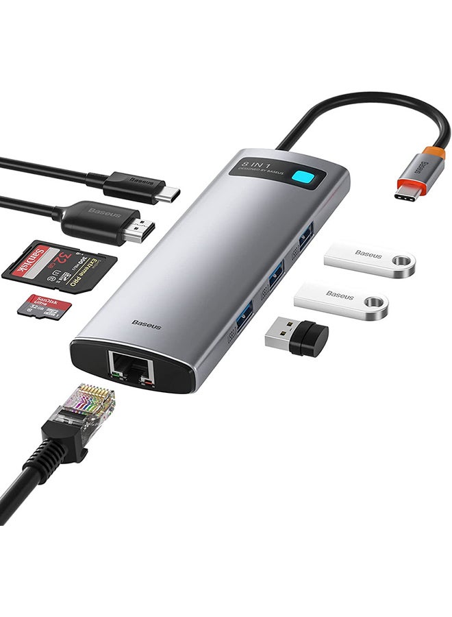 بيسوس محول قاعدة توصيل بموزع USB C وتصميم 8 في 1مع منفذ HDMI بجودة 4K لأجهزة ماك بوك برو، سيرفيس برو، آي باد برو والأجهزة الأخرى المزودة بمنفذ Type C رمادي/أسود - Image 1