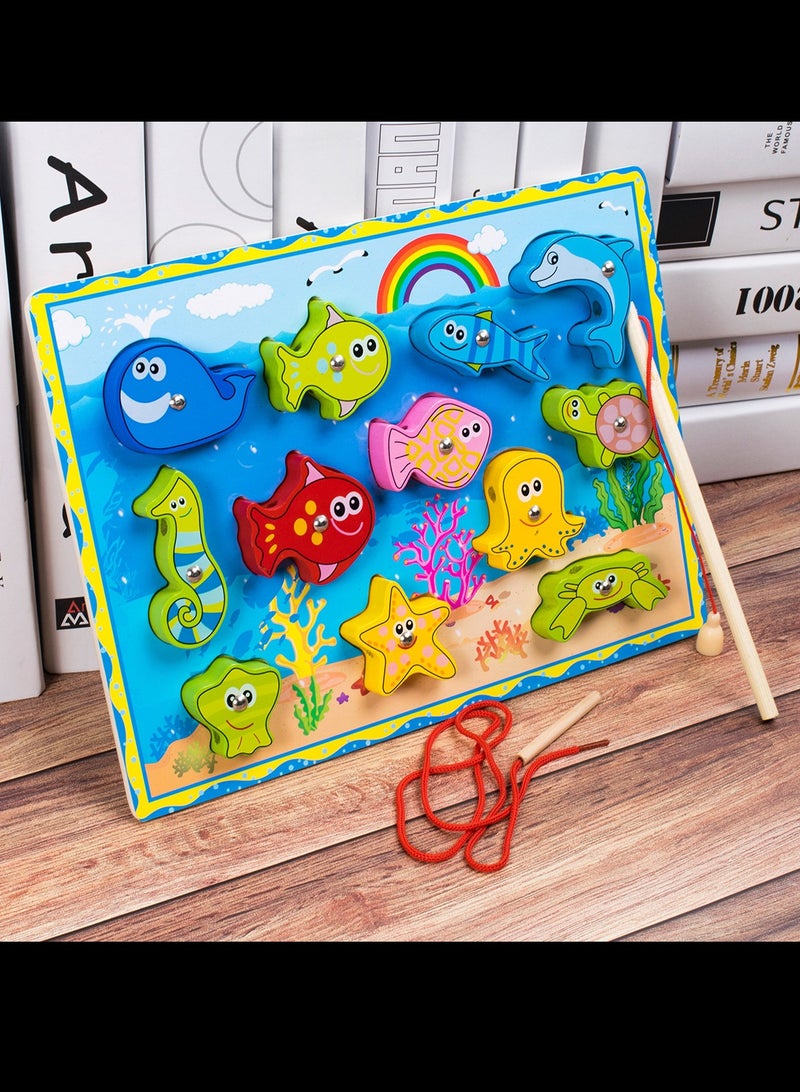 Wooden Magnetic Fishing Lacing Puzzle Board Set  Children's Early Education Educational Toy,Fishing Toys - Image 4