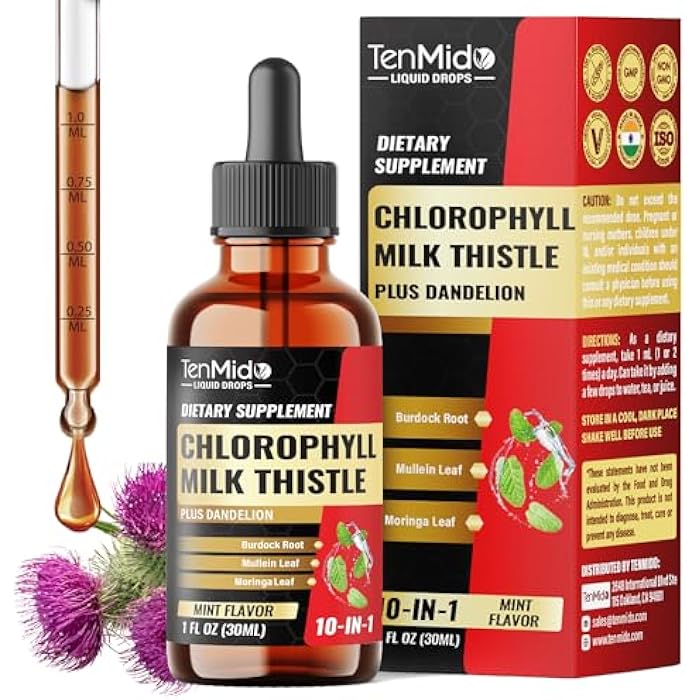 Tenmido 10in1 Chlorophyll Liquid Drops with Mullein, Milk Thistle, Dandelion, Burdock Root, Moringa, Neem, Aloe Vera, Peppermint, and Ginger - 30 Days Supply - 1 FL Oz - Image 1