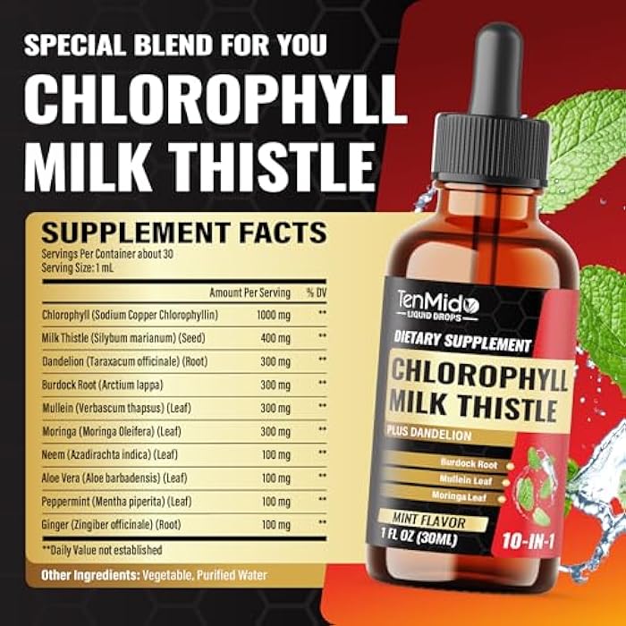 Tenmido 10in1 Chlorophyll Liquid Drops with Mullein, Milk Thistle, Dandelion, Burdock Root, Moringa, Neem, Aloe Vera, Peppermint, and Ginger - 30 Days Supply - 1 FL Oz - Image 2
