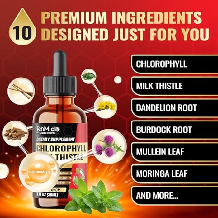 Tenmido 10in1 Chlorophyll Liquid Drops with Mullein, Milk Thistle, Dandelion, Burdock Root, Moringa, Neem, Aloe Vera, Peppermint, and Ginger - 30 Days Supply - 1 FL Oz - Image 3