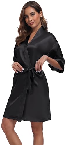Goodmansam Women's Simplicity Stlye Bridesmaid Wedding Party Kimono Robes, Short,Pure Black4,Medium - Image 3