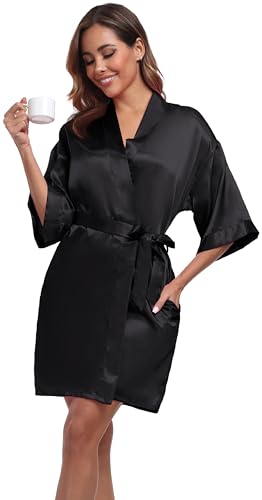 Goodmansam Women's Simplicity Stlye Bridesmaid Wedding Party Kimono Robes, Short,Pure Black4,Medium - Image 2