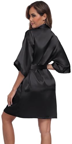 Goodmansam Women's Simplicity Stlye Bridesmaid Wedding Party Kimono Robes, Short,Pure Black4,Medium - Image 4